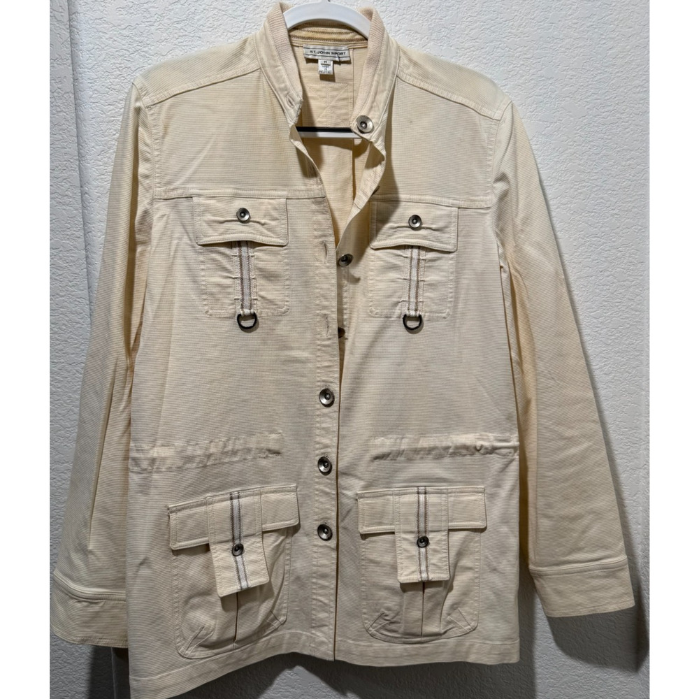St. John Sport Button Up Ribbed Jacket Utility Ivory Size M Pockets Womens